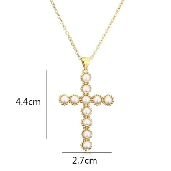 NWT Pearl Cross Necklace - Pearl Beads Stainless Steel Adjustable Chain - Picture 3 of 3
